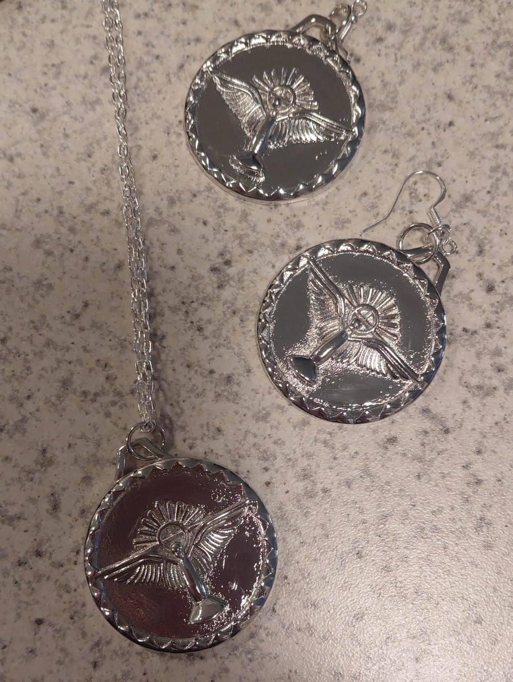 Silver Medallion Necklace & Earrings Set
